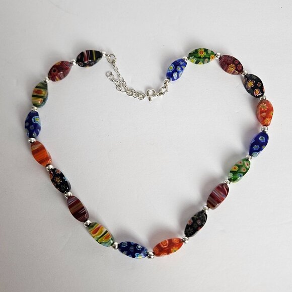 Millefiori Style Art Glass Bead Necklace Venetian Style Murano Inspired 14-16" - Picture 6 of 11
